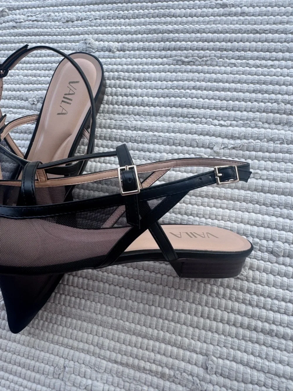 Vaila Luna Black Mesh Pointed Slingback Flats
